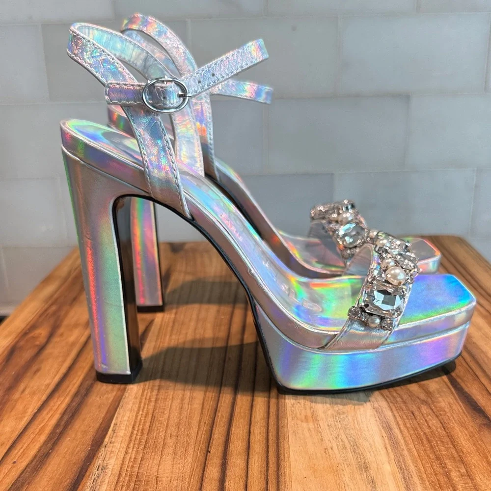 Karl Lagerfeld Holographic Jeweled Platform Sandals - Silver